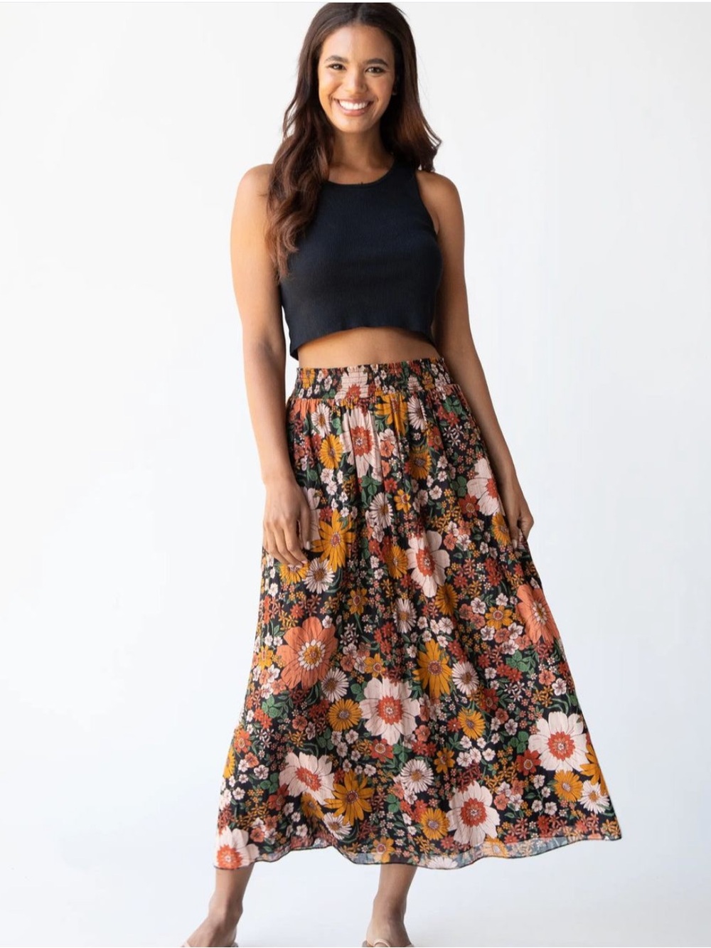Natural Life Floral Smocked Midi Skirt - Black / Mustard / Rust - S/M